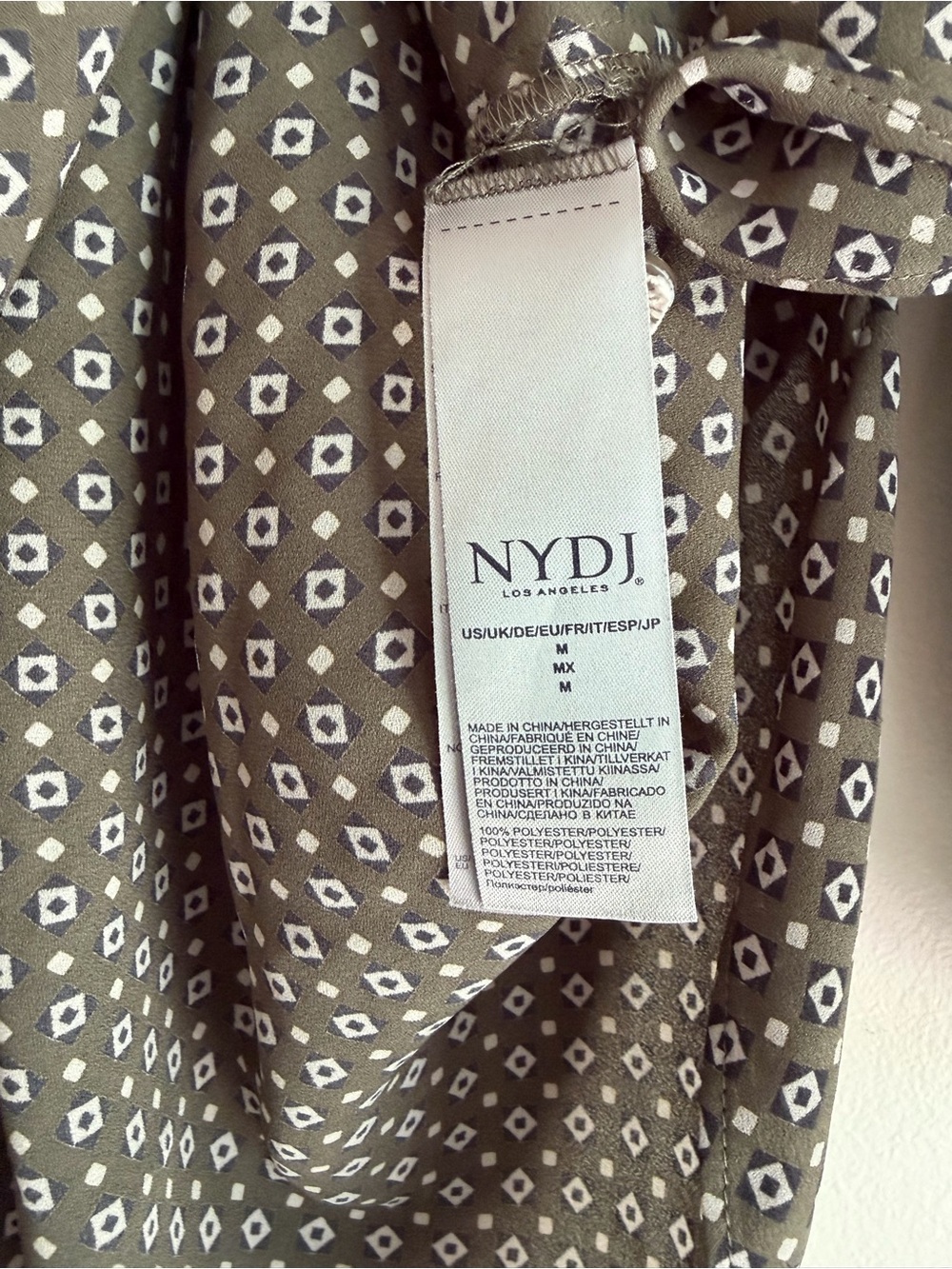 NYDJ Olive Green Print 3/4 Sleeve Chiffon Blouse Size M - Picture 7 of 7